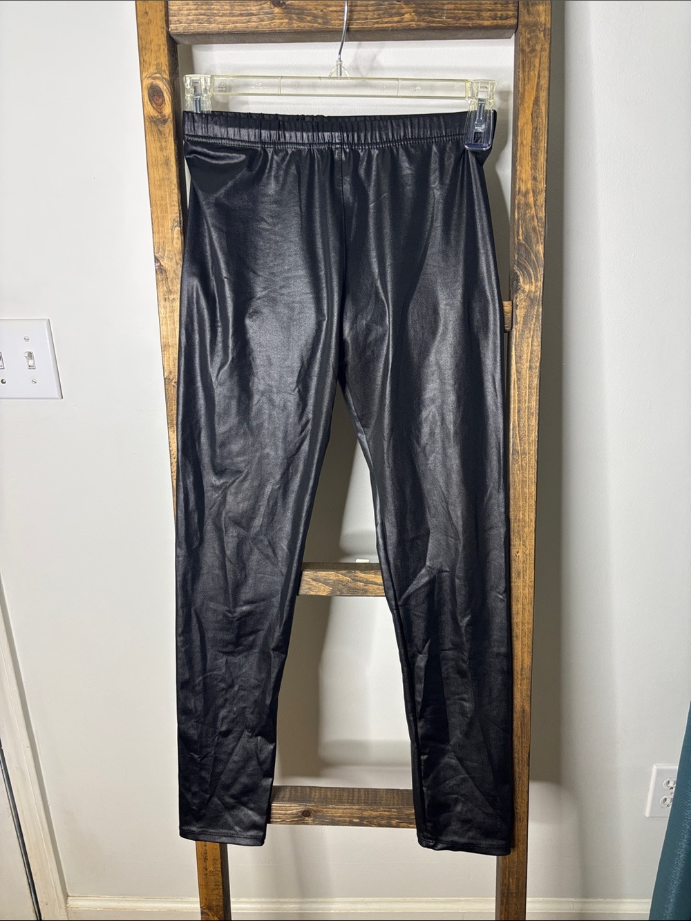 Black Faux Leather Leggings with Elastic Waist Size L/XL